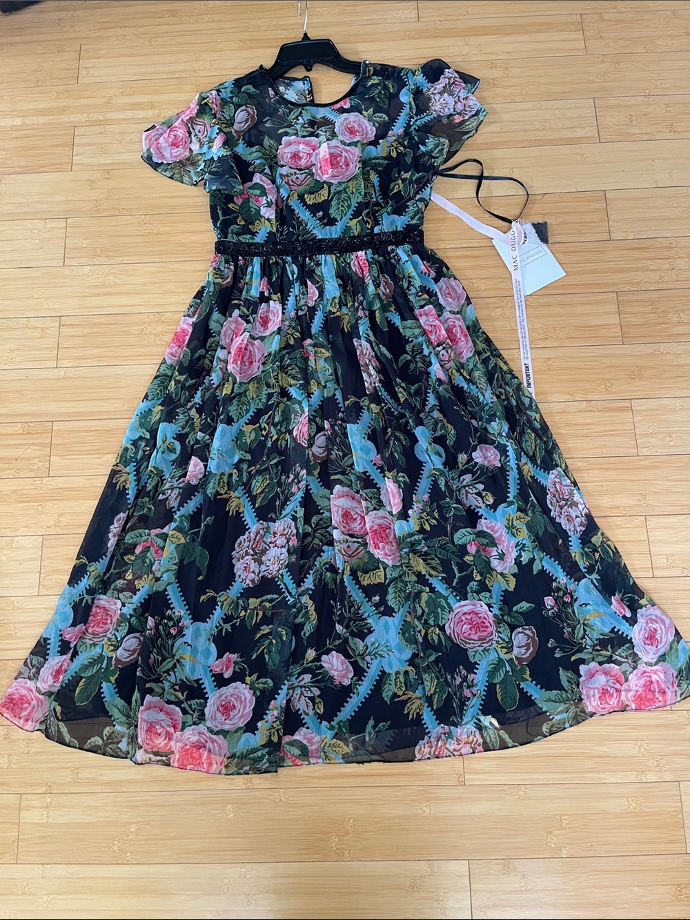 Women Mac Duggal Black Floral Chiffon Dress Short Sleeve Fitted Sequin Waist 8